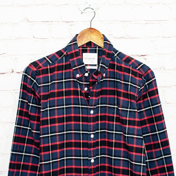 SATURDAYS Surf NYC Button Down Shirt Blue Red Plaid Oxford cotton Men's Small - Picture 6 of 7